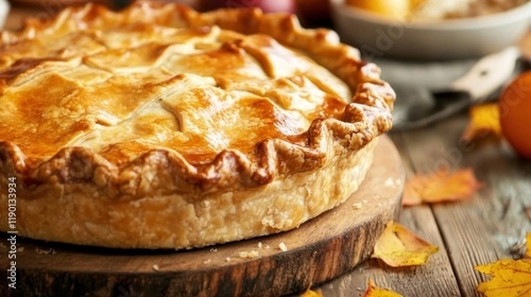 Fototapeta The host presents a beautifully baked apple pie at a family dinner, surrounded by autumn decor and warm colors celebrating togetherness