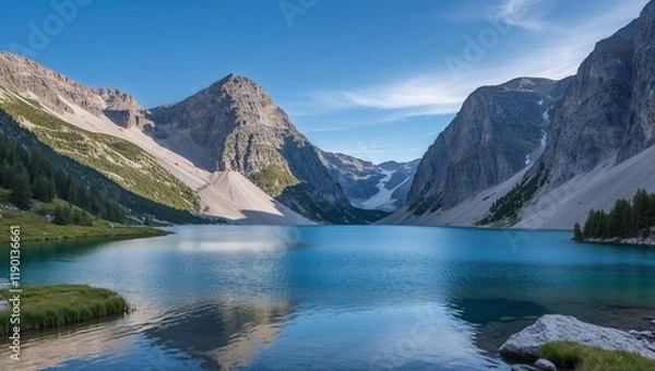 Obraz A serene landscape of Lake Louise in Banff National Park, with a reflection of snow-capped mountains and a glacier under a clear sky, capturing the beauty of nature, water, and wilderness