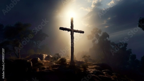 Fototapeta Silhouette Holy cross concept symbol on top mountain Resurrection background with sunlight