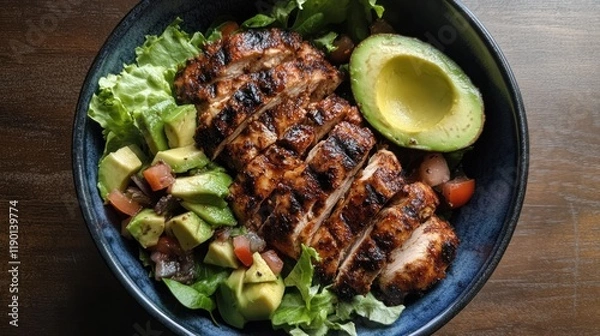 Fototapeta Grilled Chicken and Avocado Salad with Fresh Lettuce and Tomato Medley