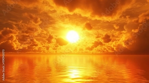 Fototapeta Fiery ocean sunset, dramatic cloudscape, tranquil waters, nature scene, background image