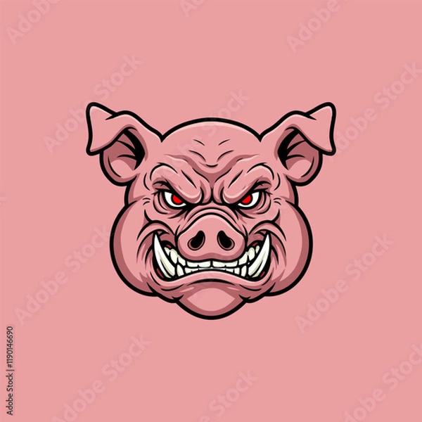 Fototapeta A cartoon illustration of an angry pig head with a fierce expression and bared teeth.