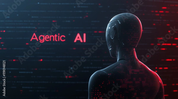 Obraz Futuristic robot analyzing data, representing Agentic AI in digital environment.