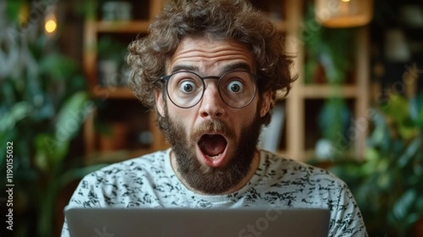 Fototapeta young crazy bearded charismatic man shocked or surprised expression laptop concept funny promotion poster programmer web developer holding a laptop in his hands and looking at the camer