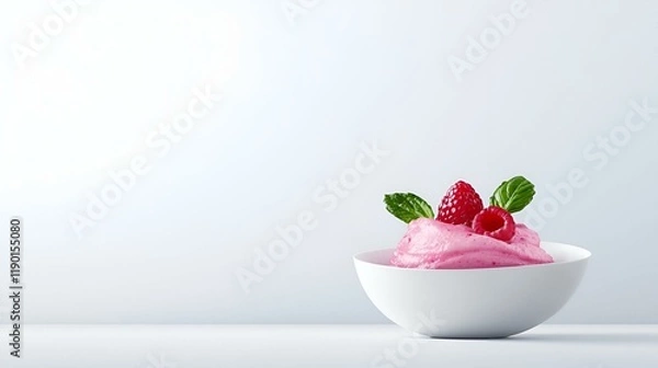 Fototapeta Raspberry dessert in white bowl, Minimalist Fusion Cuisine, A beautifully arranged dish combining diverse flavors, emphasizing simplicity and elegance in presentation.