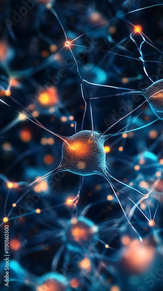 Obraz AI-generated visualization of a neural network with dynamic nodes and interconnected pathways, illustrating the continuous learning process of AI models.