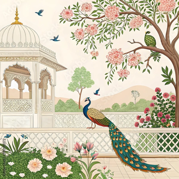 Fototapeta mughal traditional garden with peacock bird