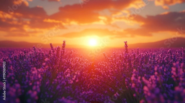 Obraz A dreamy sunset over a field of lavender with golden light illuminating the vibrant blooms