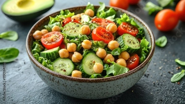 Fototapeta Fresh chickpea salad with cucumber, tomato, and lettuce in a bowl.