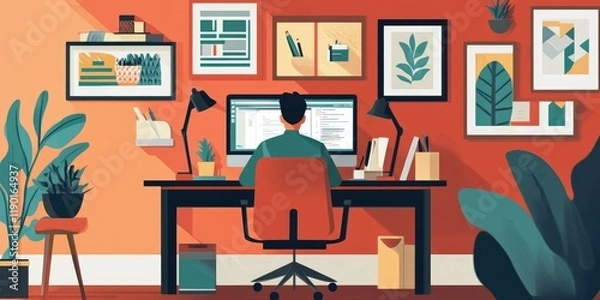 Fototapeta Cozy Home Office with Stylish Decor and Plants, Featuring a Focused Person Working on a Computer