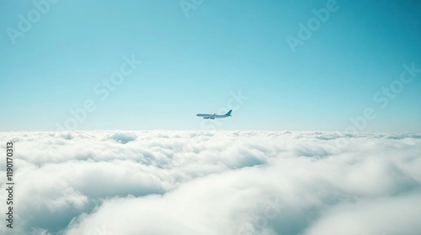 Fototapeta White airplane climbing above the clouds, blue sky in the background, representing the thrill and beauty of traveling by air transport
