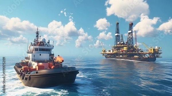 Obraz Dynamic shot of a supply boat approaching an offshore oil rig in clear blue waters under a bright sky with fluffy clouds and a peaceful atmosphere.