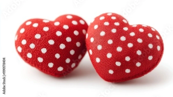 Fototapeta Two vibrant red heart-shaped buttons adorned with white polka dots, resting elegantly on a clean white surface, showcasing a playful design.