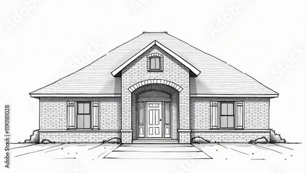 Fototapeta One-Story House Architectural Drawing: Classic Ranch Style Home Design: A detailed architectural sketch showcases a charming one-story house featuring a gable roof, arched entryway.
