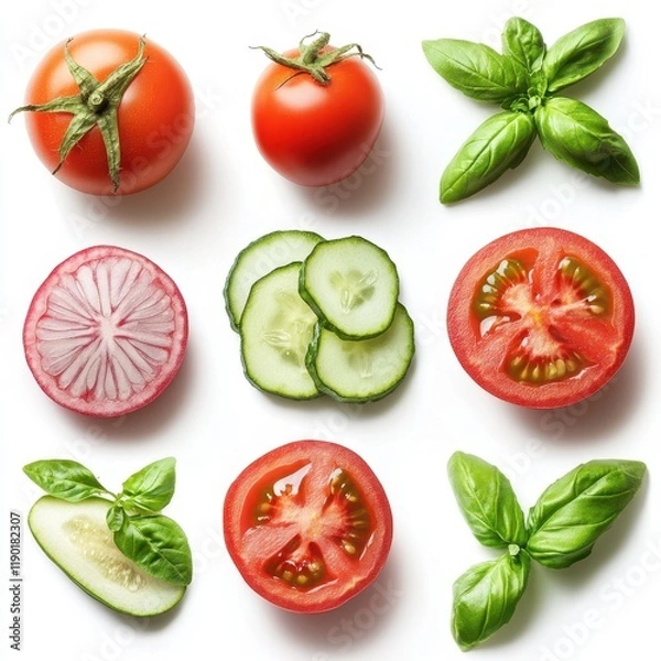 Fototapeta A vibrant close-up showcasing an assortment of sliced vegetables arranged neatly on a clean white surface.