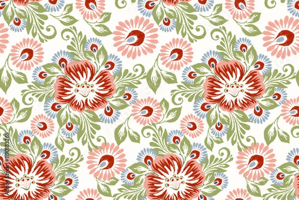 Obraz Ikat flowers seamless pattern,hand drawn seamless pattern on white background 