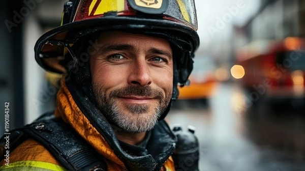 Fototapeta A portrait of a firefighter smiling in uniform.