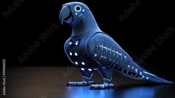 Fototapeta Robotic parrot, glowing blue, dark background, futuristic concept