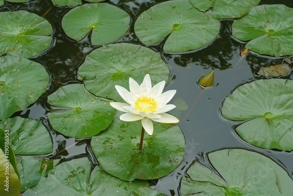 Fototapeta Serene White Water Lily Blooming Among Green Lily Pads in Tranquil Pond Setting Under Soft Natural Light