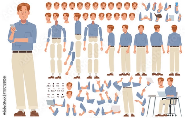 Fototapeta Young business man character constructor. Clerk or entrepreneur. Set of different positions of arms legs head and body for creating animation
