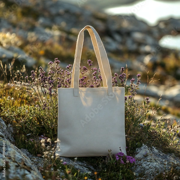 Fototapeta A tote bag mockup with eco-friendly branding on a natural background