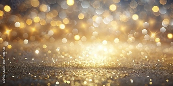Fototapeta A shimmering gold and gray bokeh background, perfect for elegant designs and festive celebrations, featuring a sparkling glitter texture and a radiant glow.