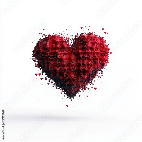 Fototapeta Digital Heart Shaped Pixel Art with Glowing Effect, Unique Abstract Design for Modern Illustrations and Creative Projects, White Background