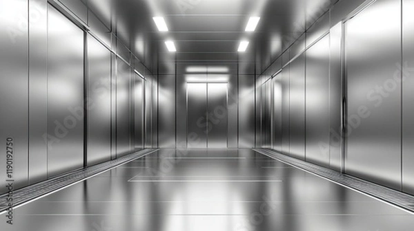 Fototapeta A sleek, minimalist metal room with a silver background, providing a modern, futuristic atmosphere ideal for cutting-edge product showcases or artistic displays.