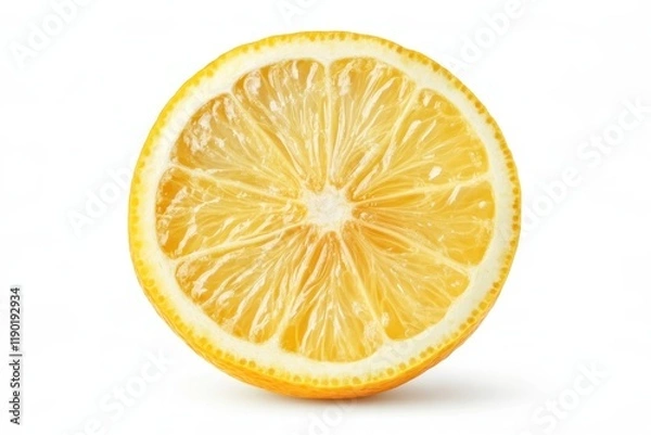 Fototapeta A detailed close-up of a lemon half, showcasing its vibrant yellow color and textured surface against a clean white background.