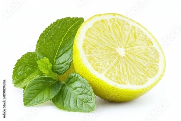 Fototapeta A fresh lemon accompanied by vibrant mint leaves rests elegantly on a clean white surface, showcasing a refreshing and appetizing display.