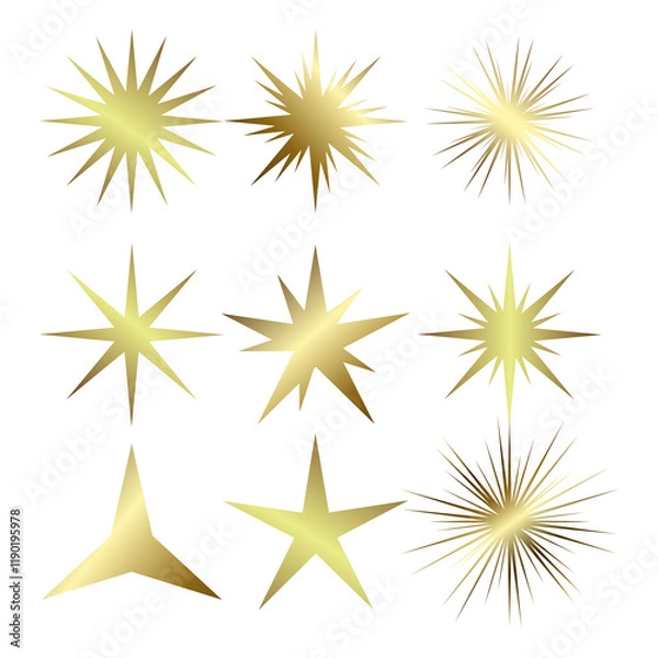 Obraz A set of nine unique golden starburst shapes, varying in size, style, and intensity. The designs range from minimal three-point stars to intricate, multi-point bursts with fine details.