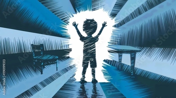 Obraz Boy Silhouette with Raised Hands Reflecting Social Anxiety, Silhouette of Child in Dark Room with Blue Tones, Visual Metaphor of Social Anxiety in Kids