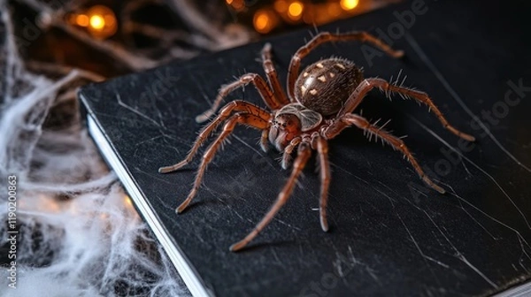 Fototapeta Large brown spider on a black book with Halloween decorations in the background.