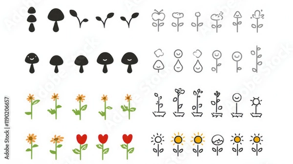 Fototapeta Cute illustrations of flowers, mushrooms, and plants in various styles