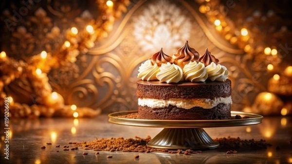 Obraz Delicious Chocolate Layer Cake with Whipped Cream and Chocolate Decorations on Elegant Cake Stand, Festive Background