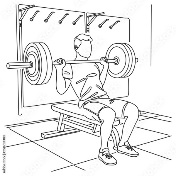 Fototapeta One line drawing or continuous line art of a strong athletic guy lifting weights and bodybuilder training. Weightlifter line drawn from the hand a picture of the silhouette. Vector illustration