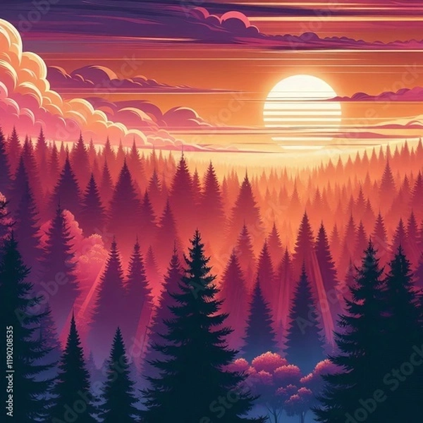 Obraz 14 Sunset Forest Oranges pinks and purples illustrating a forest