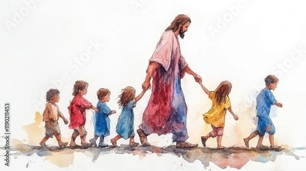 Fototapeta Jesus Christ and Children: A Watercolor Illustration of Faith and Love