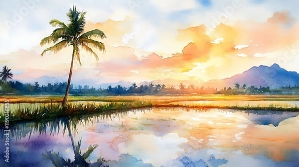 Fototapeta Serene watercolor panorama of a rice field with a single palm tree, soft pastel sunrise, reflective water shimmering 