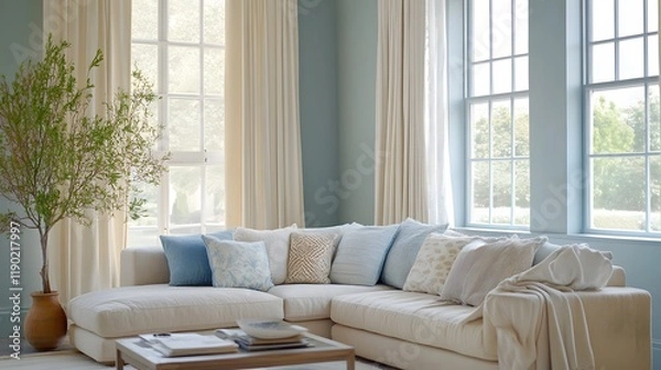 Fototapeta Stylish Interior Mockup Featuring a Cozy Living Room with Soft Blue and Cream Tones, Elegant Curtains, and Contemporary Furnishings for Inviting Atmosphere