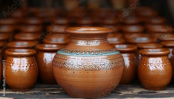 Fototapeta Handcrafted Clay Pots in Artisanal Display