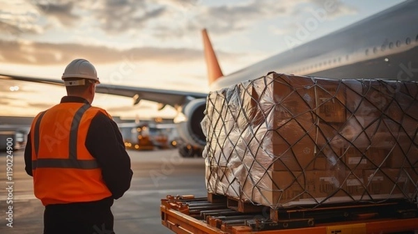 Fototapeta Cargo Handling at Sunset: A worker in high-visibility vest and hardhat oversees the loading of cargo onto an airplane at sunset, emphasizing global logistics and air freight.Generative ai illustration