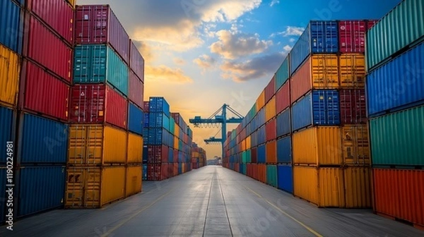 Fototapeta A picturesque vista of colorful shipping containers stacked high in a shipping yard, bathed in the golden hues of a vibrant sunset, with a crane towering overhead. Generative ai illustration.