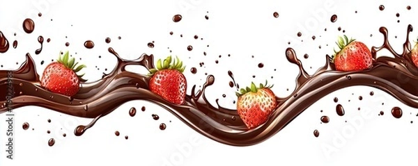 Obraz Chocolate Wave Strawberry. Melted chocolate with strawberries in a swirling shape on a white background