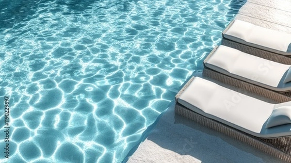 Fototapeta A peaceful and serene swimming pool with floating lounge chairs on a warm summer day.