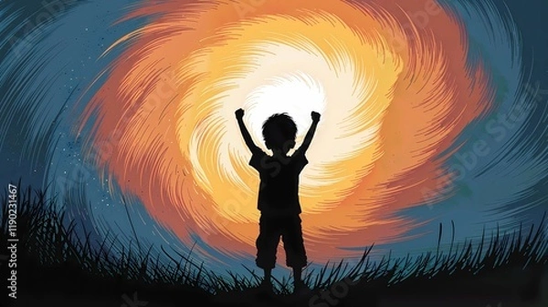 Fototapeta Anger Metaphor with Boy Silhouette and Orange Sky, Scribble Art Silhouette of Boy in Swirling Sky, Visual Frustration with Boy Silhouette and Yellow-Orange Sky