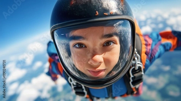 Fototapeta A young skydiver with a helmet enjoys freefalling through the sky, surrounded by vibrant colors and fluffy clouds, radiating joy.