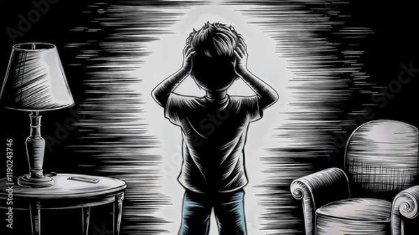 Obraz Boy Silhouette in Room with Hands Over Head, Visual Metaphor of Stress with Boy Silhouette, Dark Room Silhouette of Boy Holding Head