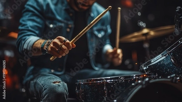Fototapeta Close-up of a drummer's hands playing drums during a performance.
