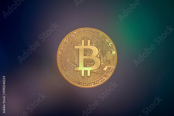 Fototapeta Golden Bitcoin coin with logo in the center and a digital pattern in the background. Symbolizes cryptocurrency and digital finance. Isolated on black.